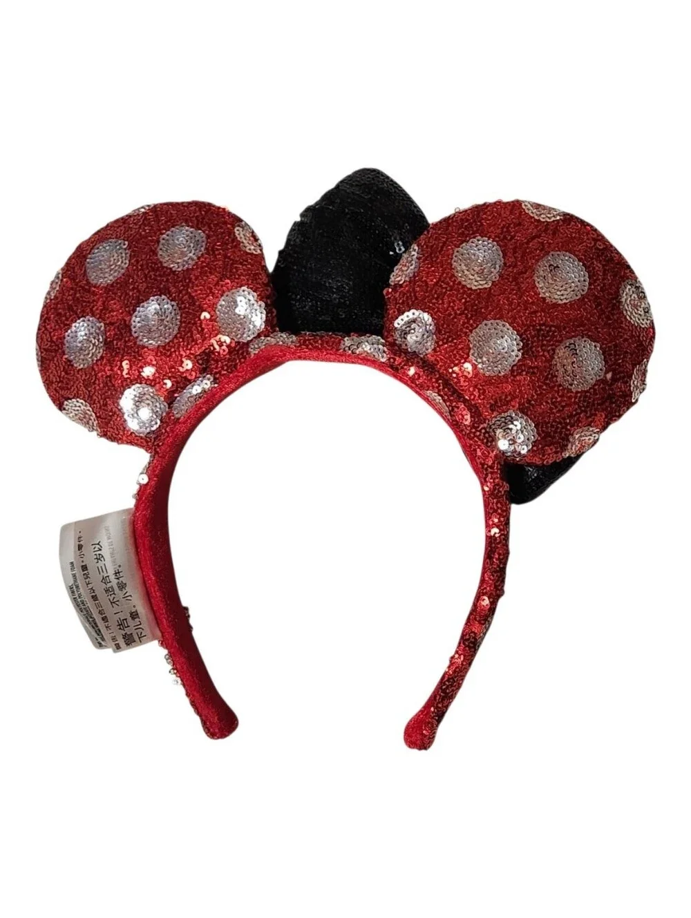 Disney Parks Minnie Mouse Ear Headband Red/Silver Polka Dots Black Bow Sequins
